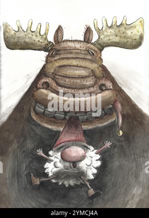 Humorvolle Illustration eines Elchs, der einen Hut hält, mit dem weihnachtsmann in den Zähnen hängt und versucht zu entkommen Stockfoto