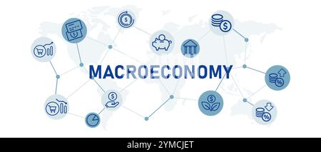 Makroökonomische Symbole setzen Zahlung Geldautomat Karte Kredit Debit Geldbörse Wirtschaft Wirtschaftsanalyse Wachstum Banken Investitionen Sparen Design farbenfroh Stock Vektor