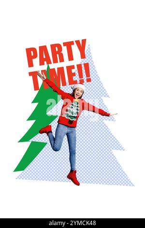 Poster Trend Skizze Vorlage 3D Foto Collage von Feiertag Tradition frohe Winter Weihnachten junge Frau Lächeln Emoji laufen Party Zeit Kiefer Baum Stockfoto