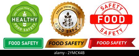Lebensmittelsicherheit zertifiziert sicher konsumieren Gesundheit genehmigte Informationen Produkt Natur Blatt Zeichen Stempel Bunte Abzeichen Medaille Emblem Band Banner Aufkleber Stock Vektor