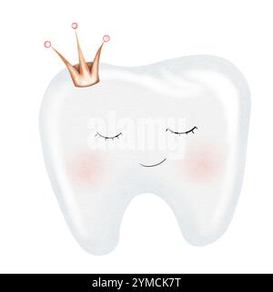 Baby-Zahn-Aquarell. Netter Karikaturmolar mit Krone auf isoliertem weißem Hintergrund. Zahnklammerkunst. Ideal für Karten und Einladungen zum Partybaby Stockfoto