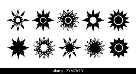 Sammlung eines Zickzackkreises mit scharfer Kante. Flache geometrische Form der Blume, Stern. Set aus schwarzen Starburst- und Sonnenschliff-Formen in verschiedenen Designs. Symb Stock Vektor