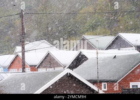 Lyme Regis, Dorset, Großbritannien. November 2024. Wetter in Großbritannien: Schneebedeckte Schauer im Badeort Lyme Regis. Da die winterlichen Bedingungen den Süden Englands treffen. Schnee fällt auf den Dächern der Ferienhütte in der Nähe von Monmouth Beach. Quelle: Celia McMahon/Alamy Live News Stockfoto