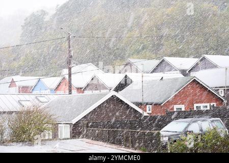 Lyme Regis, Dorset, Großbritannien. November 2024. Wetter in Großbritannien: Schneebedeckte Schauer im Badeort Lyme Regis. Da die winterlichen Bedingungen den Süden Englands treffen. Schnee fällt auf den Dächern der Ferienhütte in der Nähe von Monmouth Beach. Quelle: Celia McMahon/Alamy Live News Stockfoto