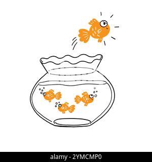 Ein Goldfisch, der aus dem Wasser springt, um in die Freiheit zu entkommen, handgezeichnete Vektor-Illustration Kritzelstil Stock Vektor