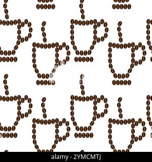 Nahtloses Muster in Form von Kaffeebohnen für Tasse, Dampf und Untertasse. Hintergrund der Begrüßung am Kaffeetag. Isolieren Sie Vektor-Illustration Hintergrundbild, Verpackung oder Web-Promo, Themenkarten, Blogs, Medienpost, Tag Stock Vektor