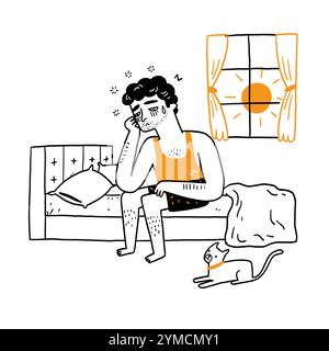 Der Mann hat Schlafprobleme, angeborene Krankheit, Schlaflosigkeit, nicht erfrischt am Morgen. Hand gezeichnet Vektor Illustration Kritzelstil. Stock Vektor