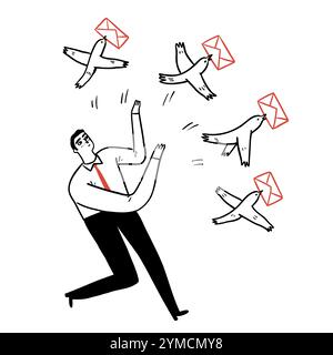 Die Tauben, die die Post hielten, wurden von einem jungen Geschäftsmann verlassen, isoliert auf weißem Hintergrund. Hand gezeichnet Vektor Illustration Kritzelstil. Stock Vektor