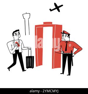 Überprüfen Sie vor dem Einsteigen in das Flugzeug. Sicherheitsgrenzkontrollen. Flughafen Personal Cartoon Zeichen auf weißem Hintergrund, Hand gezeichnet Vektor Illustration Doodle styl Stock Vektor