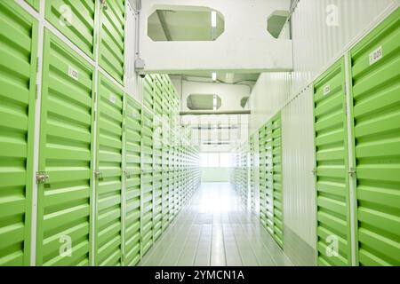 Hintergrundbild mit abnehmender Perspektive des Lagerkorridors mit grünen Metalltüren, die zu Selbstlagereinheiten führen, die auf Schlössern geschlossen sind, Kopierraum Stockfoto