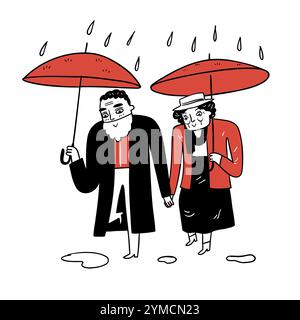 Älteres Paar geht Hand in Hand und verteilt Regenschirme. Hand gezeichnet Vektor Illustration Kritzelstil. Stock Vektor