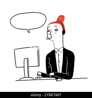 Weibliche Kundendienstmitarbeiterin mit Headsets im Gespräch mit dem Kunden. Online-Kundendienst und Helpdesk-Konzept. Handgezeichnete Vektorgrafik. Stock Vektor