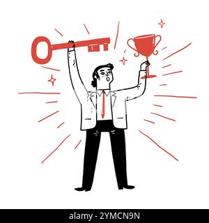 Geschäftsmann, der einen goldenen Schlüssel und einen Trophäenbecher hochhält. Business to Success Concept. Handgezeichnete Vektorabbildungen. Stock Vektor