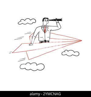 Geschäftsmann, der mit einem Papierflugzeug mit Teleskop fliegt. Handgezeichnete Vektorabbildungen. Stock Vektor