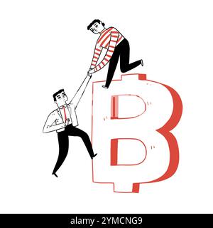 Ein Unternehmer hilft einem Freund, die Leiter zum Reichtum zu klettern, handgezeichnete Vektor-Illustration Kritzelstil. Stock Vektor