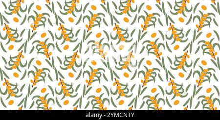 Lebendiges, nahtloses Muster mit Sanddornbeeren und grünen Blättern auf weißem Hintergrund. Stock Vektor