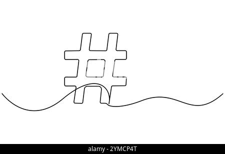 Hashtag-Symbol. Durchgängiges Hashtag mit einer Zeile. Strichgrafik, Kontur, einzeilige Silhouette, durchgehende einzeilige Zeichnung eines Zahlenzeichens. Eine Zeile Stock Vektor