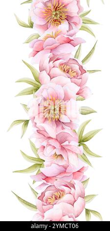 Romantische pastellrosa Pfingstrose Blumen vertikale nahtlose Grenze isoliert auf weiß. Aquarellrosen in Pastellfarben für den Frühling Stockfoto