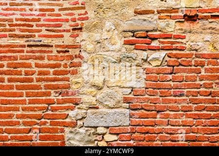 Eine alte Reparatur oder Wiederaufbau einer Steinmauer mit roten Ziegeln - Angles-sur-l'Anglin, Vienne (86), Frankreich. Stockfoto