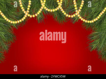 Horizontale Weihnachtskarte mit Tannenzweigen und glühender Girlande. Digitale Illustration mit Aquarell. Neujahrslichter und flauschige Kiefernzweige isoliert Stockfoto