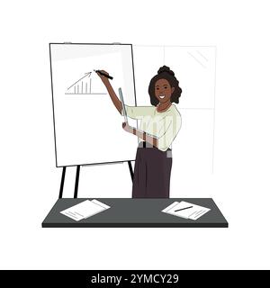 Afroamerikanische Sprecherin, die eine Präsentation mit einem Laptop in der Hand hält. Büromitarbeiter, der einen Bericht auf einem Whiteboard präsentiert. Stock Vektor