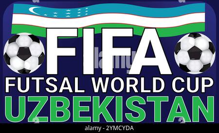 FIFA Futsal-Weltmeisterschaft Usbekistan Flagge und zwei Fußballbälle mit blauem Hintergrund Stock Vektor