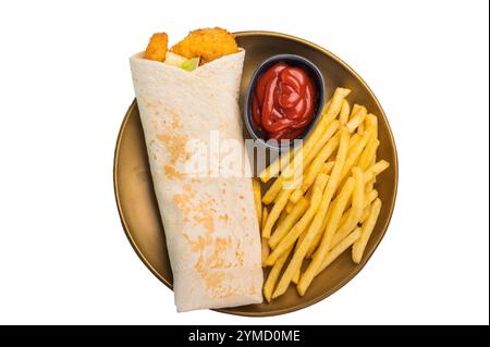 Döner Kebab mit Garnelen, Garnelen und Salat isoliert auf weißem Hintergrund. Stockfoto