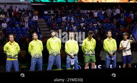 Malaga, Malaga, Spanien. November 2024. Captain Lleyton Hewitt aus Australien, Alex de Minaur aus Australien, Alexei Popyrin aus Australien, Jordon Thompson aus Australien, Thanasi Kokkinakis aus Australien, Mattew Ebden aus Australien, während der Teampräsentation während des DAVIS CUP FINALS 2024 - Finale 8 - Herren Tennis (Bild: © Mathias Schulz/ZUMA Press Wire) NUR REDAKTIONELLE VERWENDUNG! Nicht für kommerzielle ZWECKE! Stockfoto