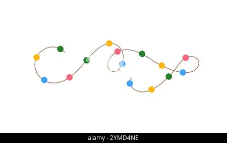 Weihnachten bunte Lichter lockige Kordelgirlande einfaches handgezeichnetes Vektorbild, flaches Cartoon-Bild für den Winter Neujahr, Design für Geburtstagsveranstaltungen Stock Vektor