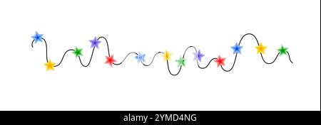 Weihnachten bunte mehrfarbige Lichter lockige String Girlande, Kritzelei Hand gezeichnete Vektor-Illustration, flache Zeichentrickfilm saisonales Bild für Winter Neujahr Feiertag, Geburtstag Veranstaltungen Design Stock Vektor