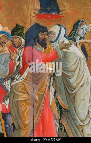 Nocera Umbra. Pinacoteca Comunale. Matteo da Gualdo. Treffen von Joachim und Anna in der Porta Aurea. (Hergestellt während des Pontifikats von Alexander VI. Borgia (1492-1503) Tempera auf Holz Stockfoto