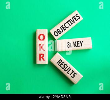 Symbol für OKR-Ziele und wichtige Ergebnisse. Holzblöcke mit den Worten OKR-Ziele und wichtige Ergebnisse. Schöner grüner Hintergrund. Business- und OKR-Konzept. Stockfoto