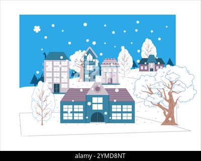 Dörfer Wintersaison verschneite Stadt Landschaft Downtown Häuser Apartmentresort Naturszene Wald Schneeflocken traditionelle Gebäude Architektur Stock Vektor