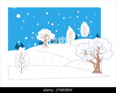 Winter Waldszene Naturwälder Kiefern Tannen Schneesaison Schneeflocken kalte Hügel Felder Winterzeit saisonale Outdoor bunte Ikone Set Design Stock Vektor