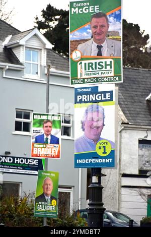 November 2024. Ardara, County Donegal, Irland. Plakate für Kandidaten bei den bevorstehenden Wahlen. Die irischen Parlamentswahlen 2024 zur Wahl des 34. Dáil finden am Freitag, dem 29. November 2024, statt. Stockfoto