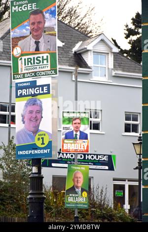 November 2024. Ardara, County Donegal, Irland. Plakate für Kandidaten bei den bevorstehenden Wahlen. Die irischen Parlamentswahlen 2024 zur Wahl des 34. Dáil finden am Freitag, dem 29. November 2024, statt. Stockfoto