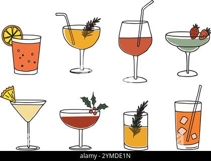 Set von handgezeichneten Doodle alkoholischen Getränken, Cocktails mit Orangen-Zitronen, Scheiben, Eis, Erdbeeren und Kirschen. Frohe Neujahrsfeier, Geburtstag Stock Vektor