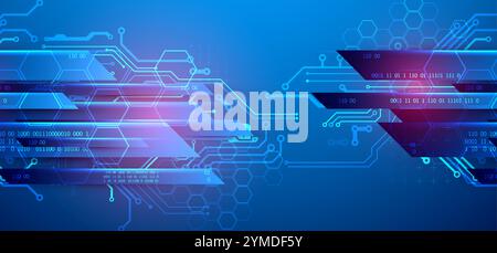 Abstrakte technologische Illustration mit Neonlichtern auf einem dunkelblauen Verlaufshintergrund. Dieser Vektor wurde von Hand gezeichnet. Stock Vektor