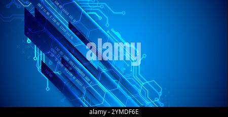 Abstrakte technologische Illustration mit Neonlichtern auf einem dunkelblauen Verlaufshintergrund. Dieser Vektor wurde von Hand gezeichnet. Stock Vektor