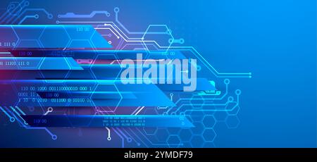 Abstrakte technologische Illustration mit Neonlichtern auf einem dunkelblauen Verlaufshintergrund. Dieser Vektor wurde von Hand gezeichnet. Stock Vektor