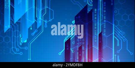 Abstrakte technologische Illustration mit Neonlichtern auf einem dunkelblauen Verlaufshintergrund. Dieser Vektor wurde von Hand gezeichnet. Stock Vektor