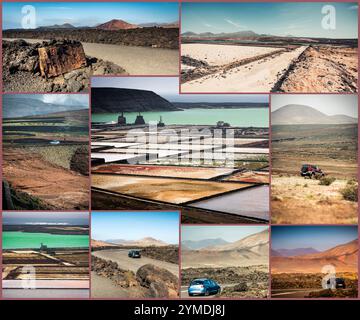 Collage von Bergstraßen, Aussichten und Sehenswürdigkeiten von Lanzarote, Kanarischen Inseln, Spanien Stockfoto