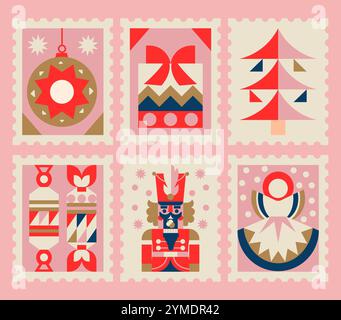 6 Retro-Weihnachtsmarken. Bunte geometrische Illustrationen mit Weihnachtselementen, Süßigkeiten, Geschenken, einem Weihnachtsbaum, Nussknacker, Winterengel. Stock Vektor