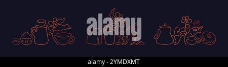 Design-Set für Kaffee und Kekslinie. Skizzenbecher, Vektor-Donut, abstraktes Croissant-Zeichen. Bäckerei und Café-Sammlung Stock Vektor