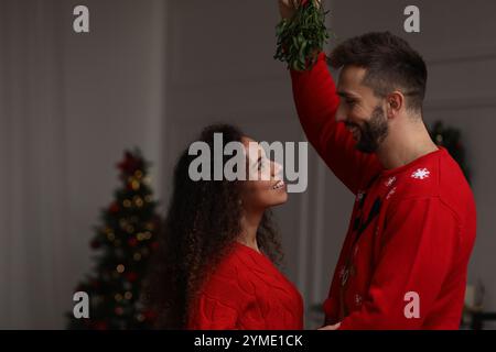 Ein reizendes Paar unter Mistelzweigen im Zimmer, das zu Weihnachten dekoriert war Stockfoto