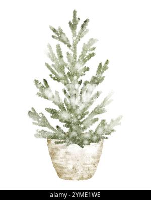 Aquarellillustration eines Weihnachtsbaums im Topf mit minimalistischem Design Stockfoto