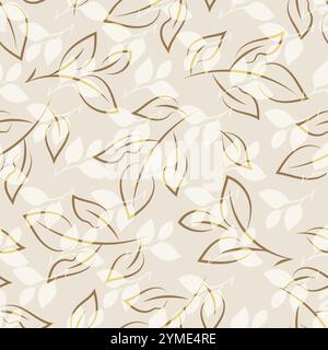 Neutral strukturierte Mid-Century-Moderne hinterlässt einen nahtlosen Hintergrund. Eleganter handgezeichneter Pinselstil mit entspanntem Laub im Hintergrund in minimalistischer Atmosphäre Stock Vektor