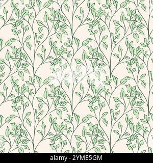 Zweig- und Blattstruktur, moderner nahtloser Vektormuster-Hintergrund der Mitte des Jahrhunderts. Eleganter, handgezeichneter Pinselstil mit überlappendem Laubhintergrund. Dicht Stock Vektor