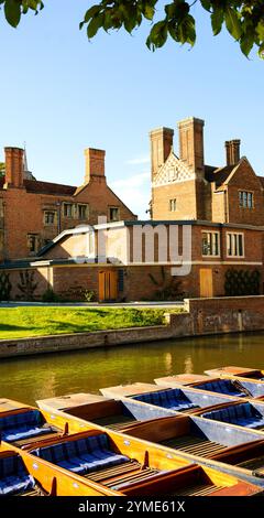 CAMBRIDGE, Großbritannien - 16. AUGUST 2017: Malerischer Blick auf die Rückseite der Colleges mit Freizeitpunts, die entlang der Ufer des River Cam Banks in Cambridge anlegen. Stockfoto