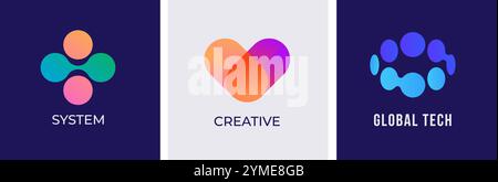 Set aus modernen, farbenfrohen, abstrakten Logos und Symbolen. Technologie, Bio-Tech-Logos, Symbole und Konzept-Identität. Vektordesign Stock Vektor